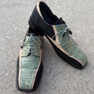 David Eden Mens 13 Exotic Skin Alligator Lizard Patchwork Dress Shoes Green Blk